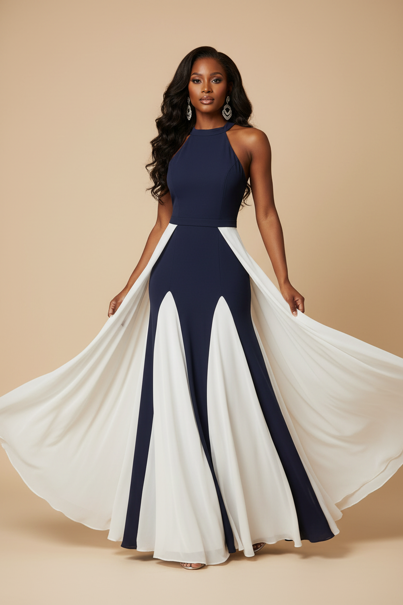 Model wearing navy blue and white halter maxi dress with body wave hair