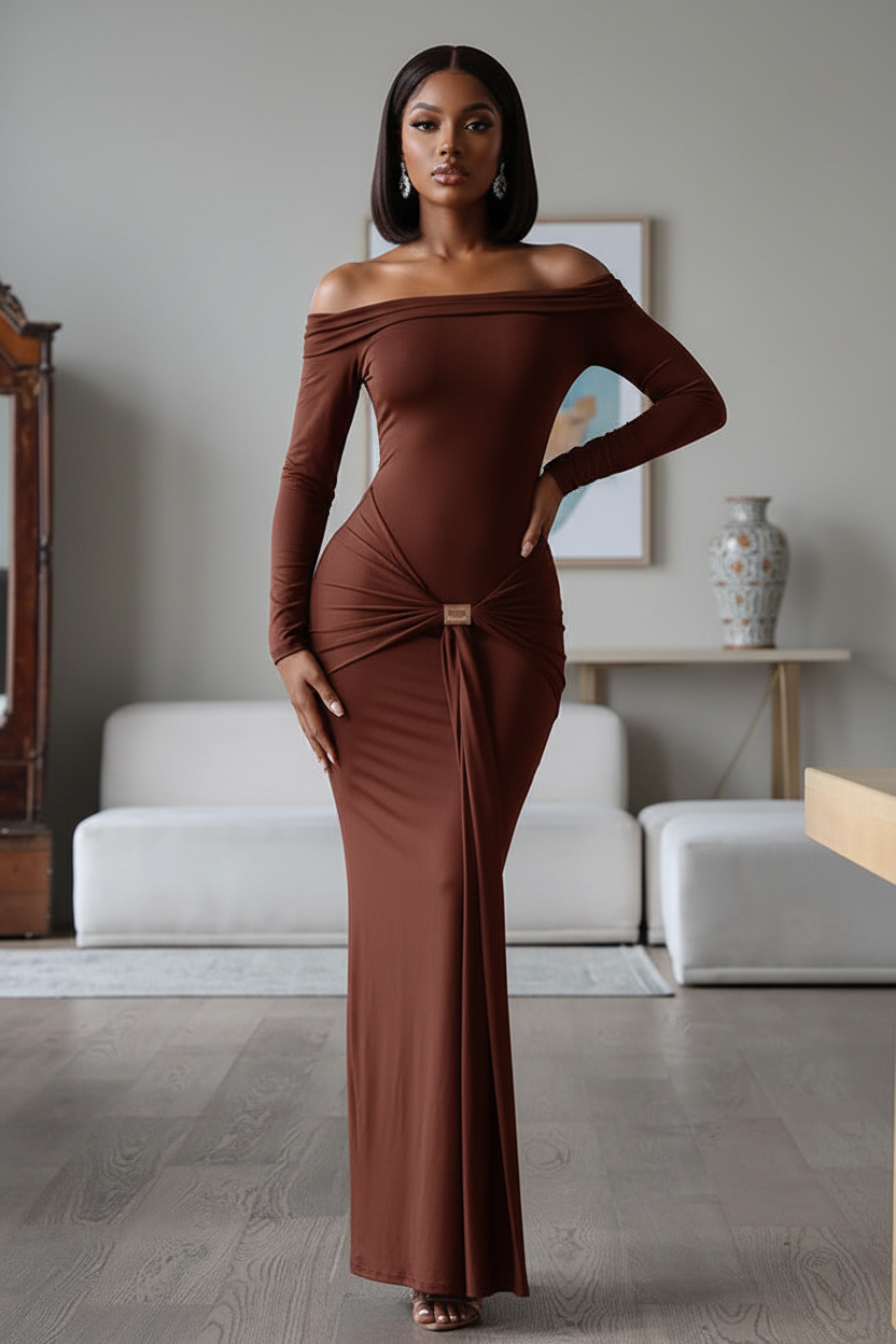 Model wearing one-shoulder dress with sleek bob wig - reference style