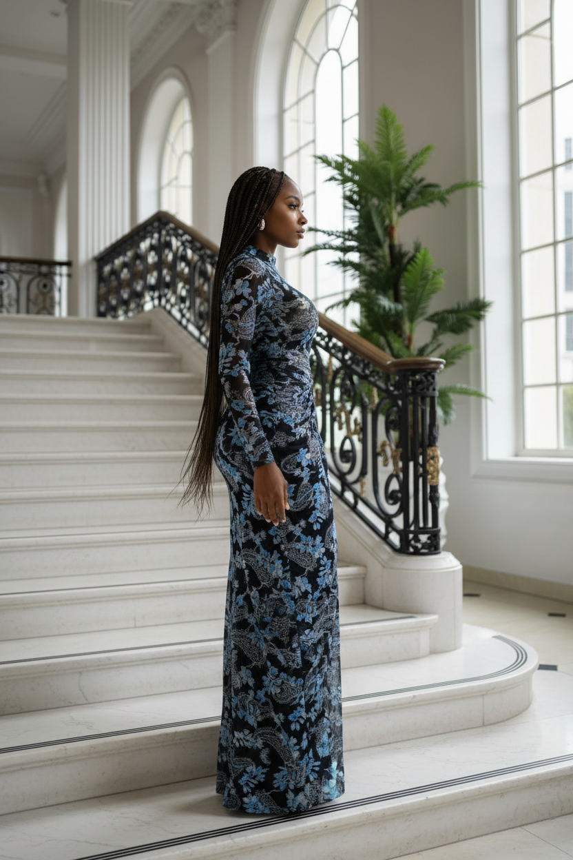 Navy blue floral dress side