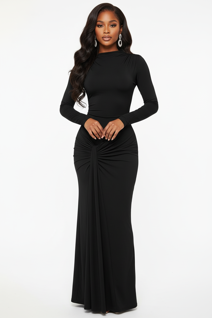 Petite model wearing black dress - front view