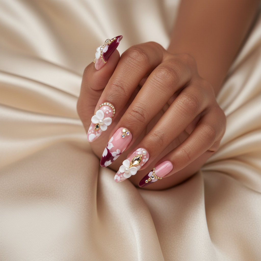 Pink Burgundy Floral Nails on Model