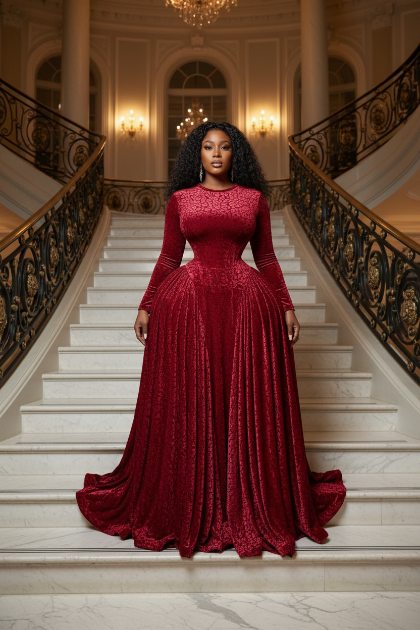 Red velvet corseted maxi front
