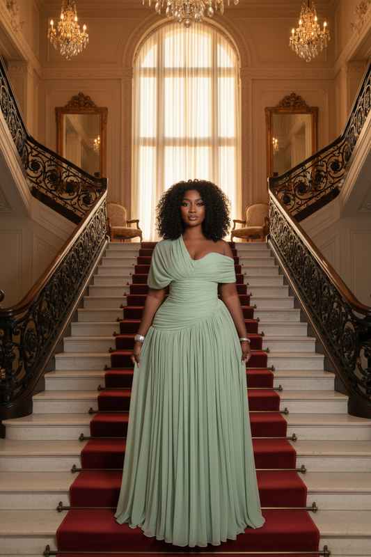 Sage green one-shoulder front