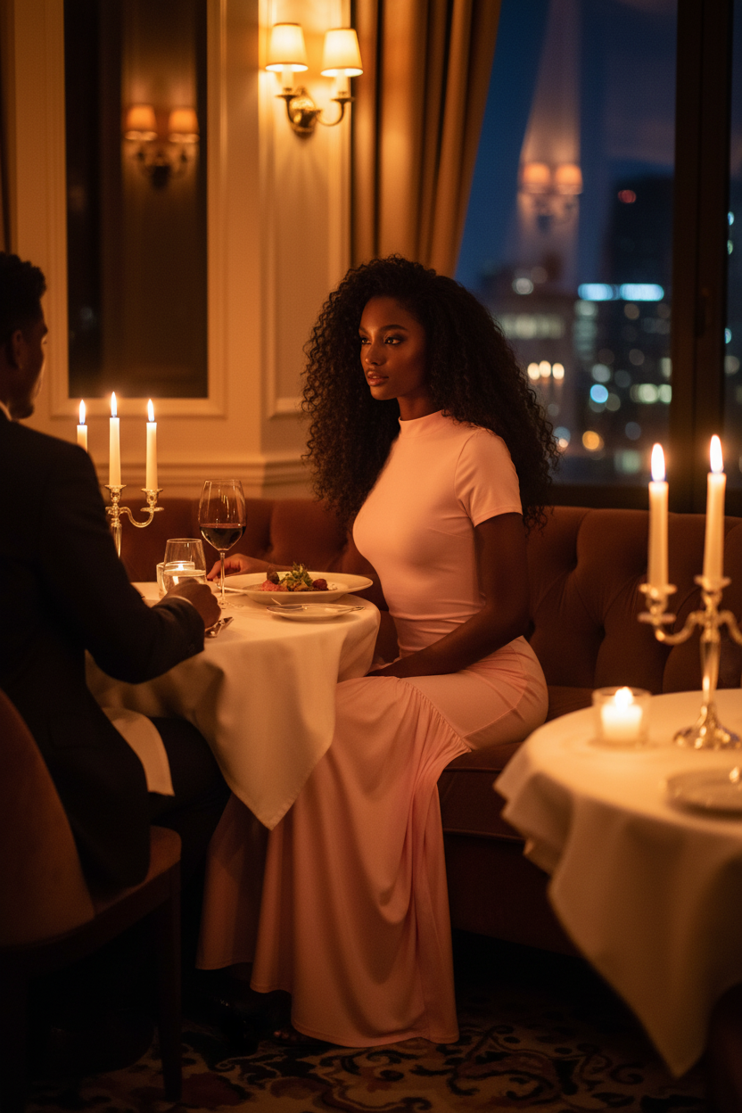 Slim caramel model in pink dress on a date