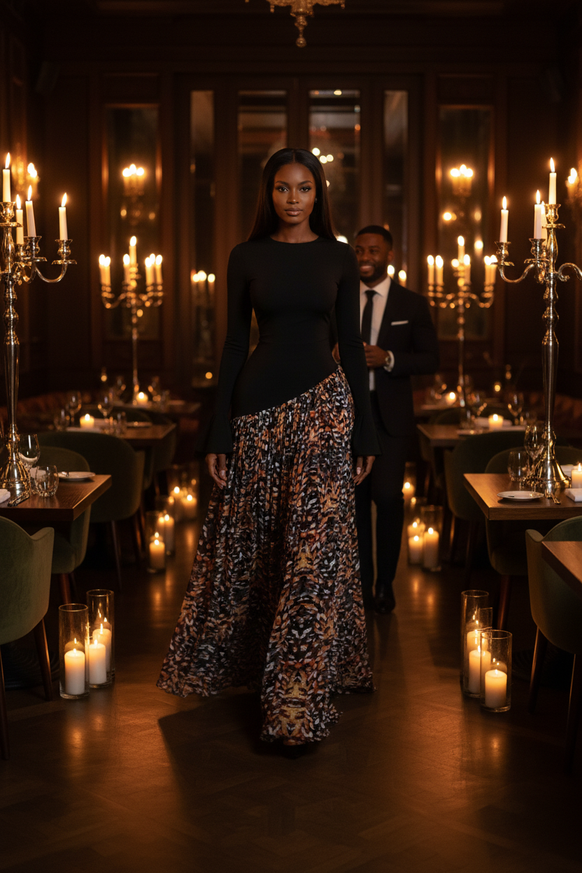 Slim model black dress date night