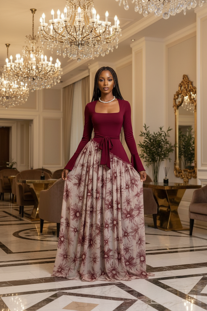 Slim model burgundy dress hotel lobby