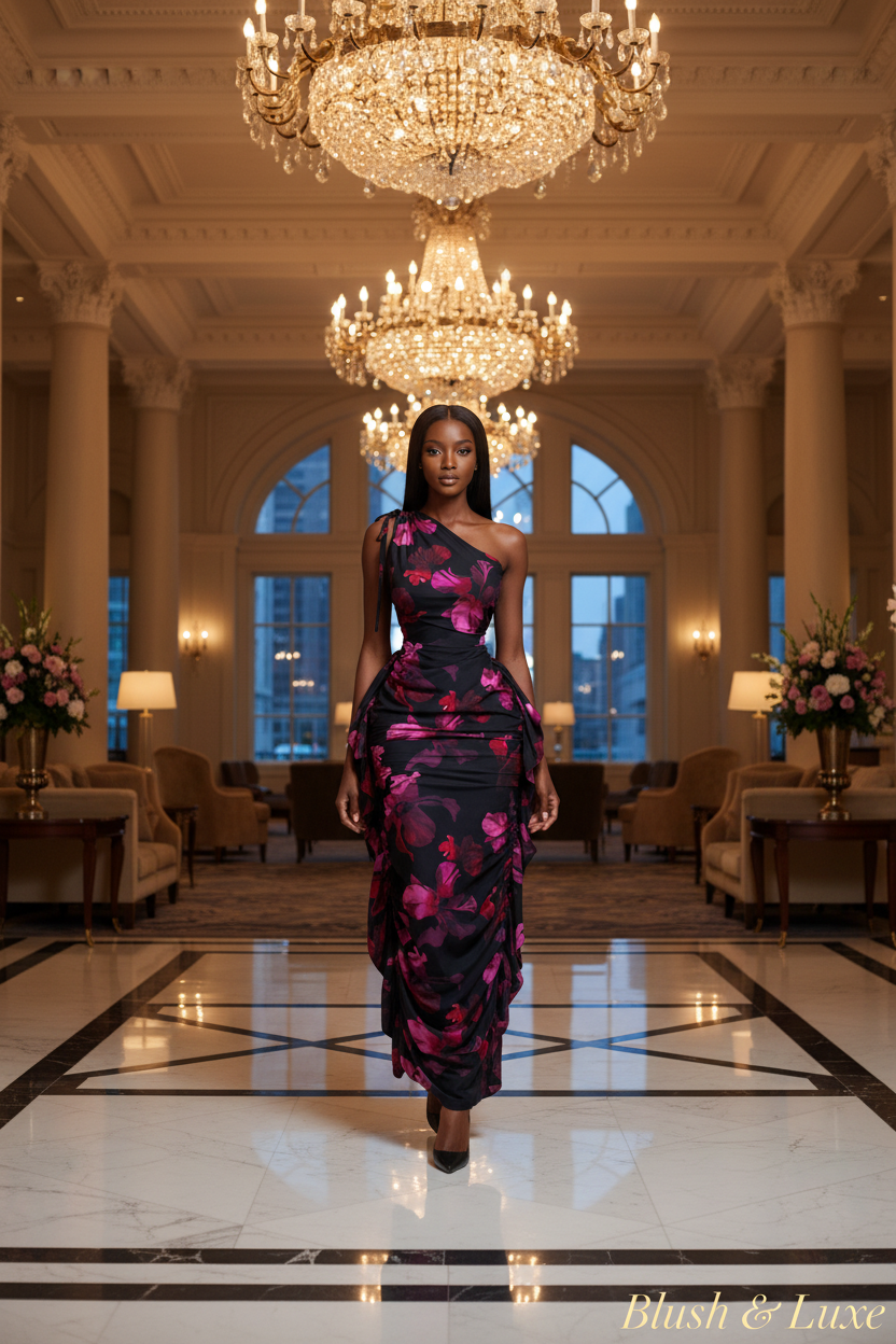 Slim model in floral dress hotel lobby