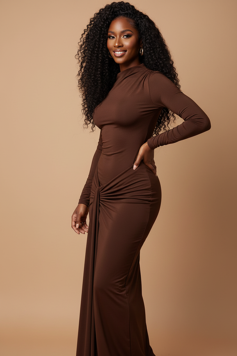Slim model wearing chocolate brown dress - three-quarter view