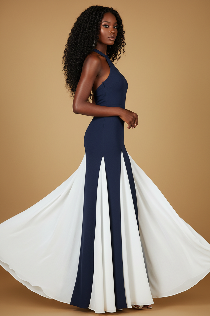 Slim model wearing navy blue and white halter dress - side profile
