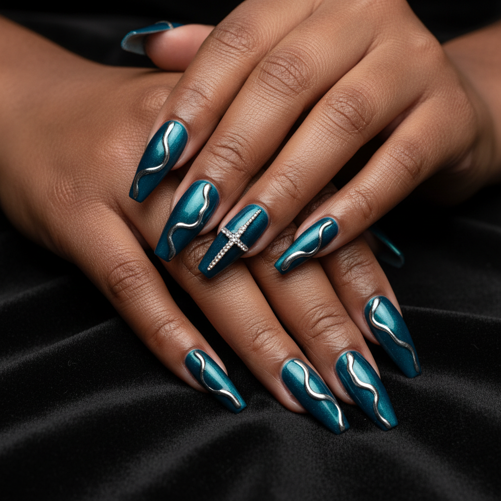 Teal Chrome Stiletto Nails on Model