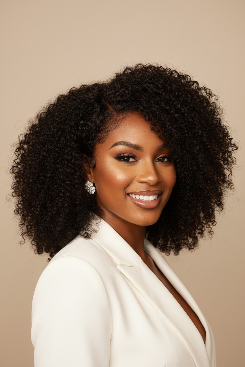Three-quarter view - Curly wig with white blazer